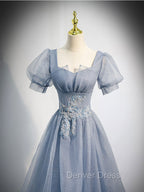 Gray Blue Tulle Long Prom Dresses, Gray Blue Tulle Formal Evening Dresses