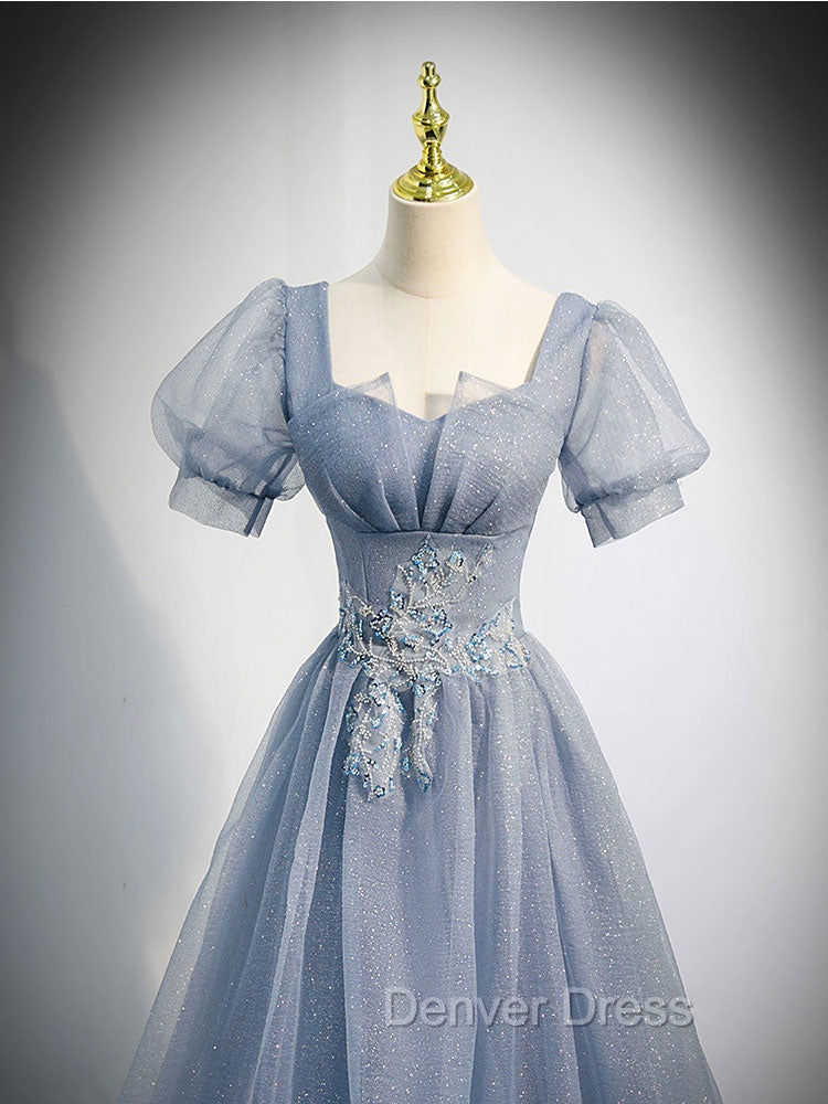 Gray Blue Tulle Long Prom Dresses, Gray Blue Tulle Formal Evening Dresses
