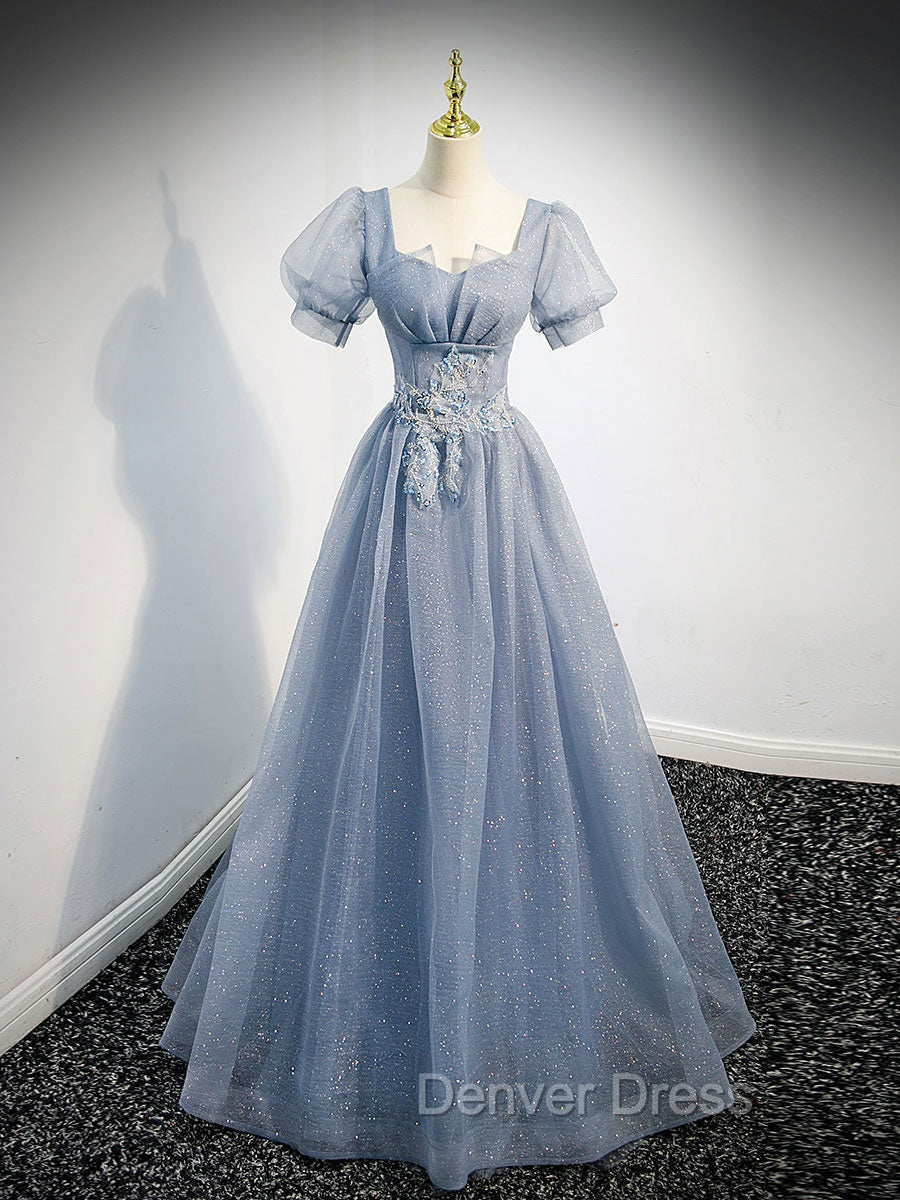 Gray Blue Tulle Long Prom Dresses, Gray Blue Tulle Formal Evening Dresses Main image