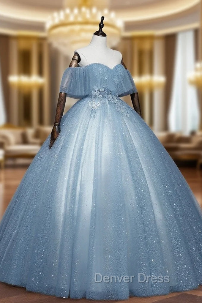 Gray Blue Tulle Off Shoulder Long Prom Dresses, Blue Tulle Formal Dresses