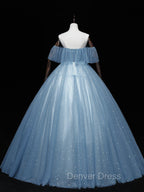 Gray Blue Tulle Off Shoulder Long Prom Dresses, Blue Tulle Formal Dresses