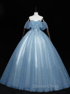 Gray Blue Tulle Off Shoulder Long Prom Dresses, Blue Tulle Formal Dresses