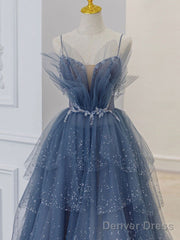 Gray Blue Tulle Sequin Beads Long Prom Dress, Blue Evening Dress