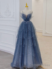 Gray Blue Tulle Sequin Beads Long Prom Dress, Blue Evening Dress