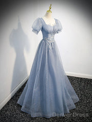 Gray Blue Tulle Sequin Long Prom Dress, Gray Blue Evening Dress