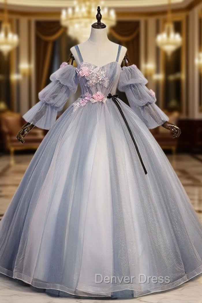 Gray Blue Tulle Spaghetti Straps Appliques Quinceanera Dresses Main image