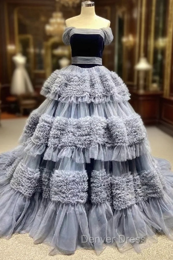 Gray Blue Tulle Straps Pleats Prom Dresses