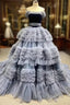 Gray Blue Tulle Straps Pleats Prom Dresses