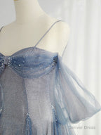 Gray Blue Tulle Tea Length Prom Dress, Blue A Line Prom Dresses