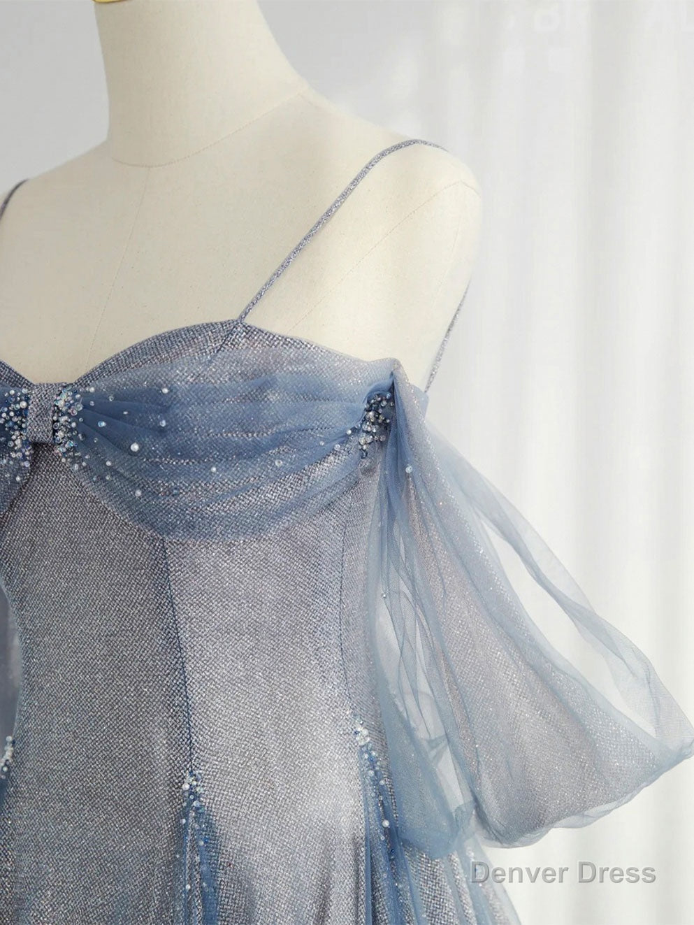 Gray Blue Tulle Tea Length Prom Dress, Blue A Line Prom Dresses