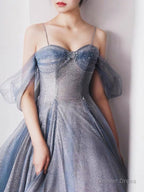 Gray Blue Tulle Tea Length Prom Dress, Blue A Line Prom Dresses