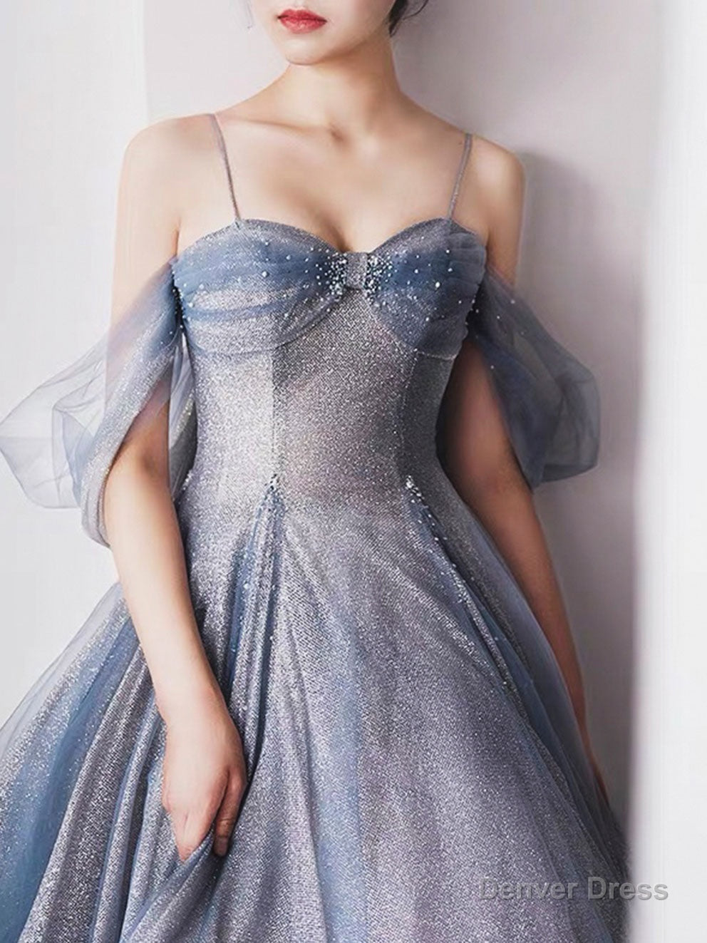Gray Blue Tulle Tea Length Prom Dress, Blue A Line Prom Dresses