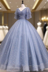 Gray Blue V Neck Tulle Long Prom Dresses, Blue Long Sweet 16 Dresses