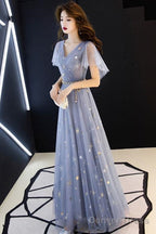 Gray Blue V Neck Tulle Long Prom Dress, Tulle Bridesmaid Dresses