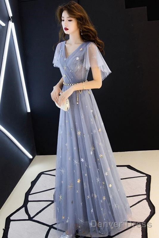 Gray Blue V Neck Tulle Long Prom Dress, Tulle Bridesmaid Dresses