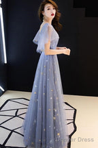 Gray Blue V Neck Tulle Long Prom Dress, Tulle Bridesmaid Dresses