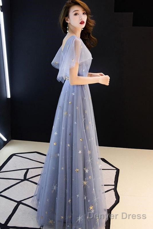 Gray Blue V Neck Tulle Long Prom Dress, Tulle Bridesmaid Dresses