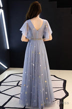 Gray Blue V Neck Tulle Long Prom Dress, Tulle Bridesmaid Dresses