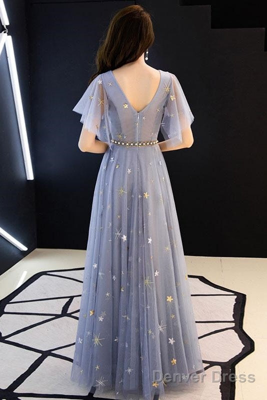 Gray Blue V Neck Tulle Long Prom Dress, Tulle Bridesmaid Dresses