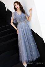 Gray Blue V Neck Tulle Long Prom Dress, Tulle Bridesmaid Dresses