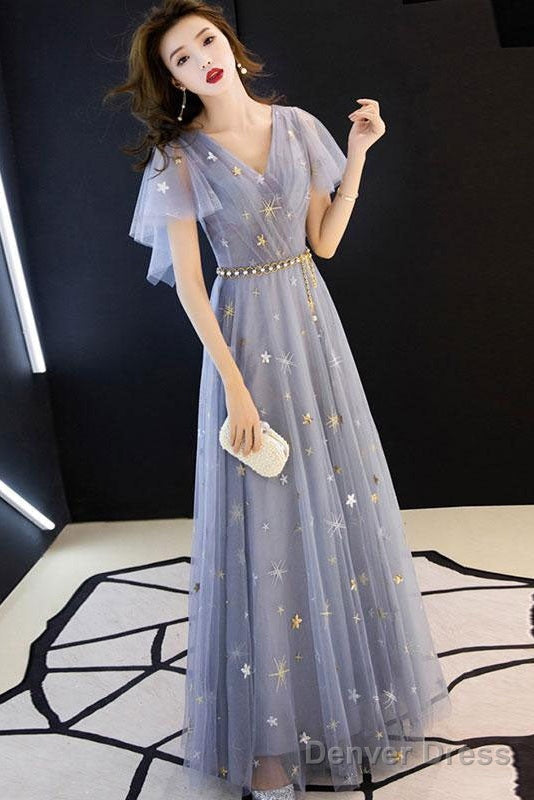 Gray Blue V Neck Tulle Long Prom Dress, Tulle Bridesmaid Dresses