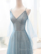 Gray Blue V Neck Tulle Sequin Long Prom Dresses, Blue Evening Dresses