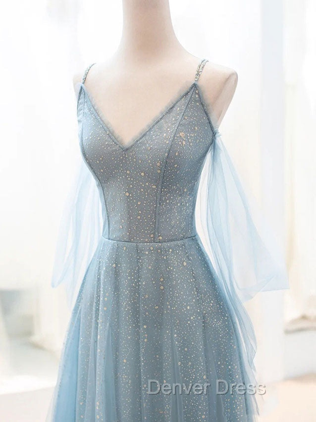 Gray Blue V Neck Tulle Sequin Long Prom Dresses, Blue Evening Dresses