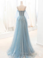 Gray Blue V Neck Tulle Sequin Long Prom Dresses, Blue Evening Dresses