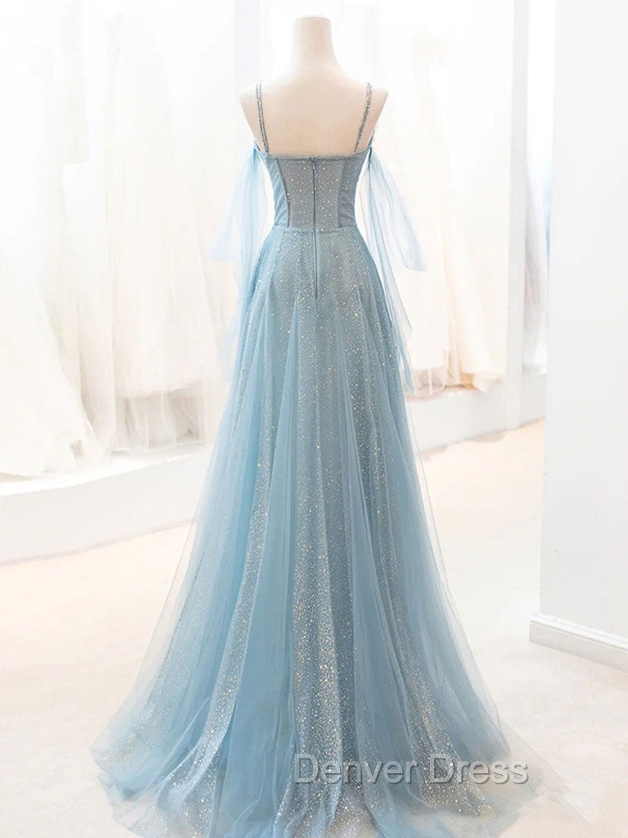 Gray Blue V Neck Tulle Sequin Long Prom Dresses, Blue Evening Dresses