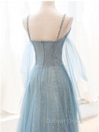 Gray Blue V Neck Tulle Sequin Long Prom Dresses, Blue Evening Dresses