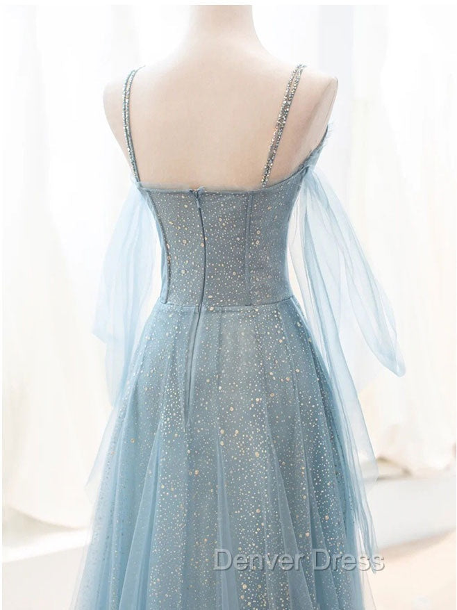 Gray Blue V Neck Tulle Sequin Long Prom Dresses, Blue Evening Dresses