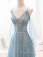Gray Blue V Neck Tulle Sequin Long Prom Dresses, Blue Evening Dresses