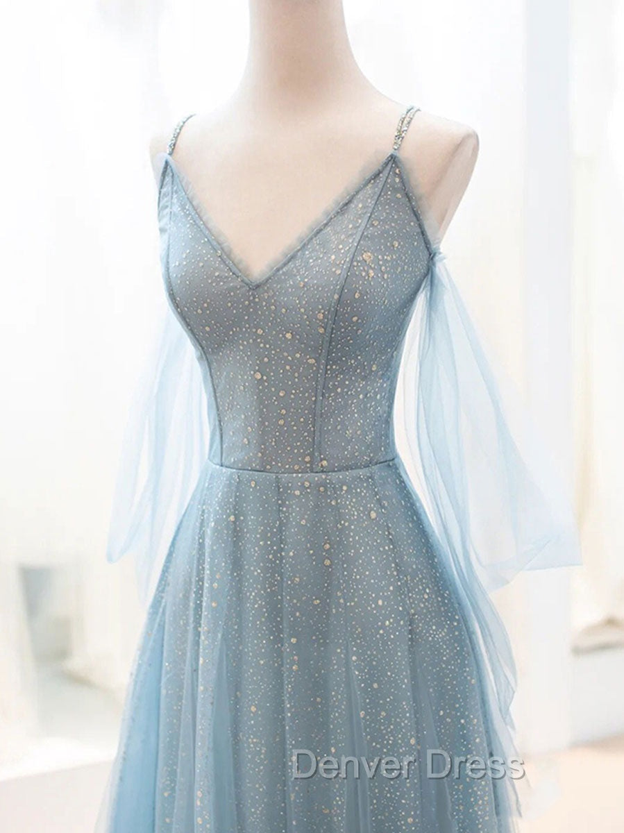 Gray Blue V Neck Tulle Sequin Long Prom Dresses, Blue Evening Dresses