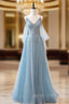 Gray Blue V Neck Tulle Sequin Long Prom Dresses, Blue Evening Dresses