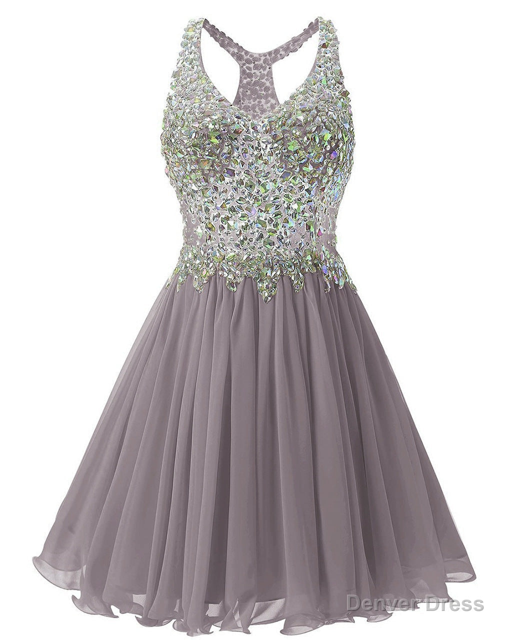 Gray Chiffon Crystal Homecoming Dresses