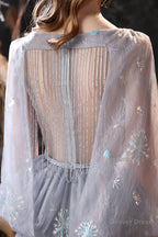 Gray Dandelion Lace V Neck Beading Back Prom Dresses
