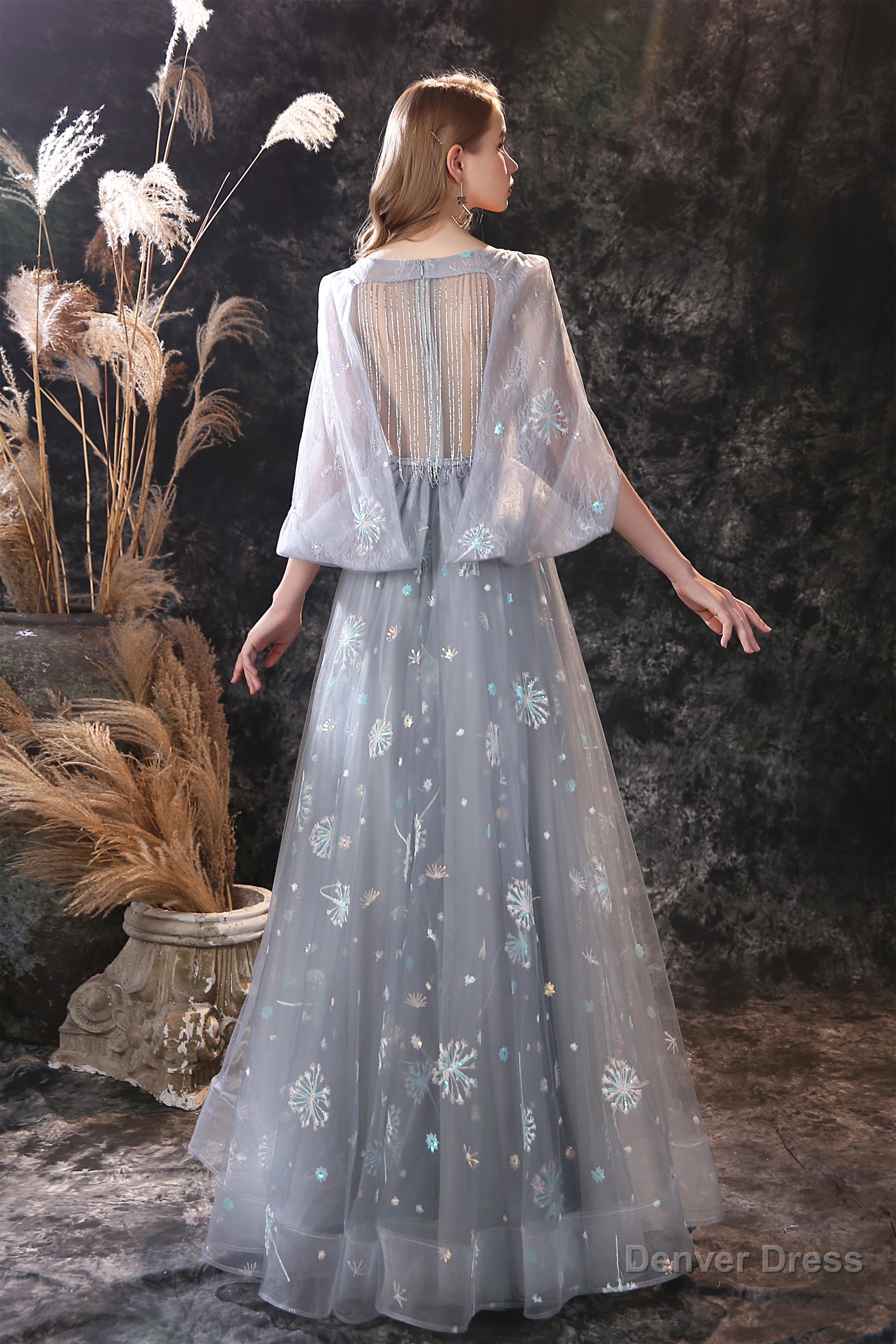 Gray Dandelion Lace V Neck Beading Back Prom Dresses