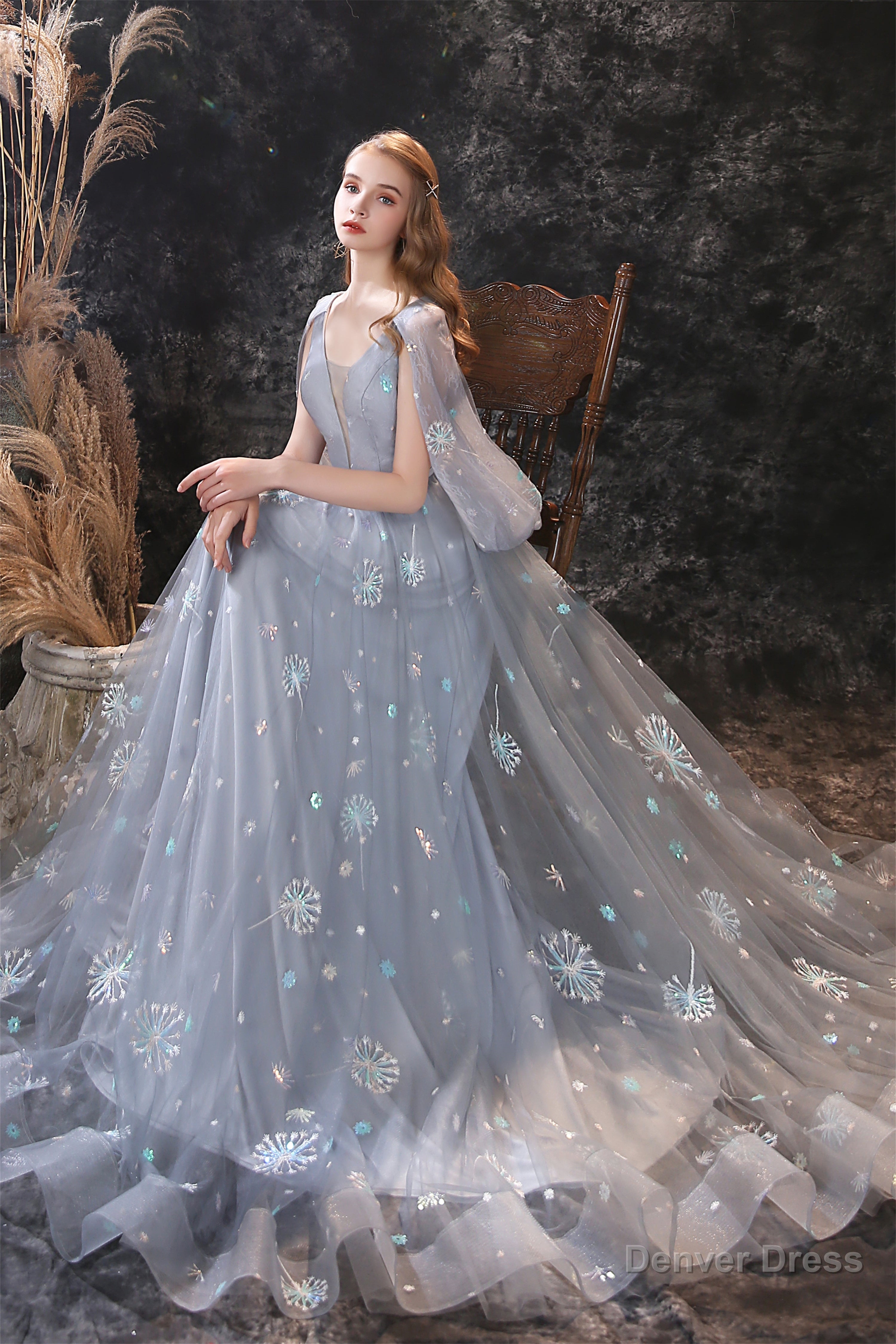 Gray Dandelion Lace V Neck Beading Back Prom Dresses