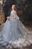 Gray Dandelion Lace V Neck Beading Back Prom Dresses