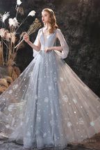 Gray Dandelion Lace V Neck Beading Back Prom Dresses