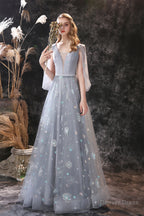 Gray Dandelion Lace V Neck Beading Back Prom Dresses