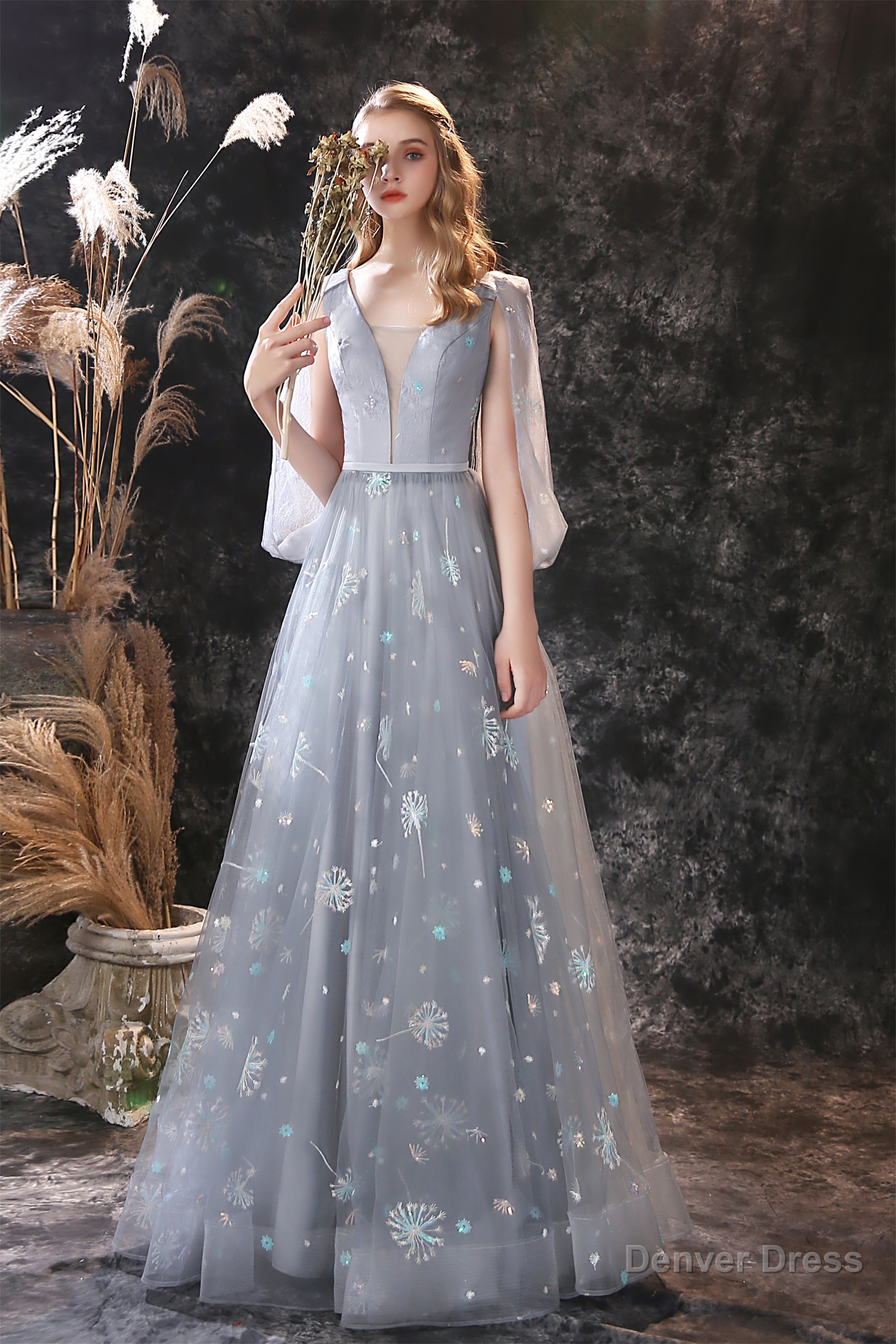 Gray Dandelion Lace V Neck Beading Back Prom Dresses