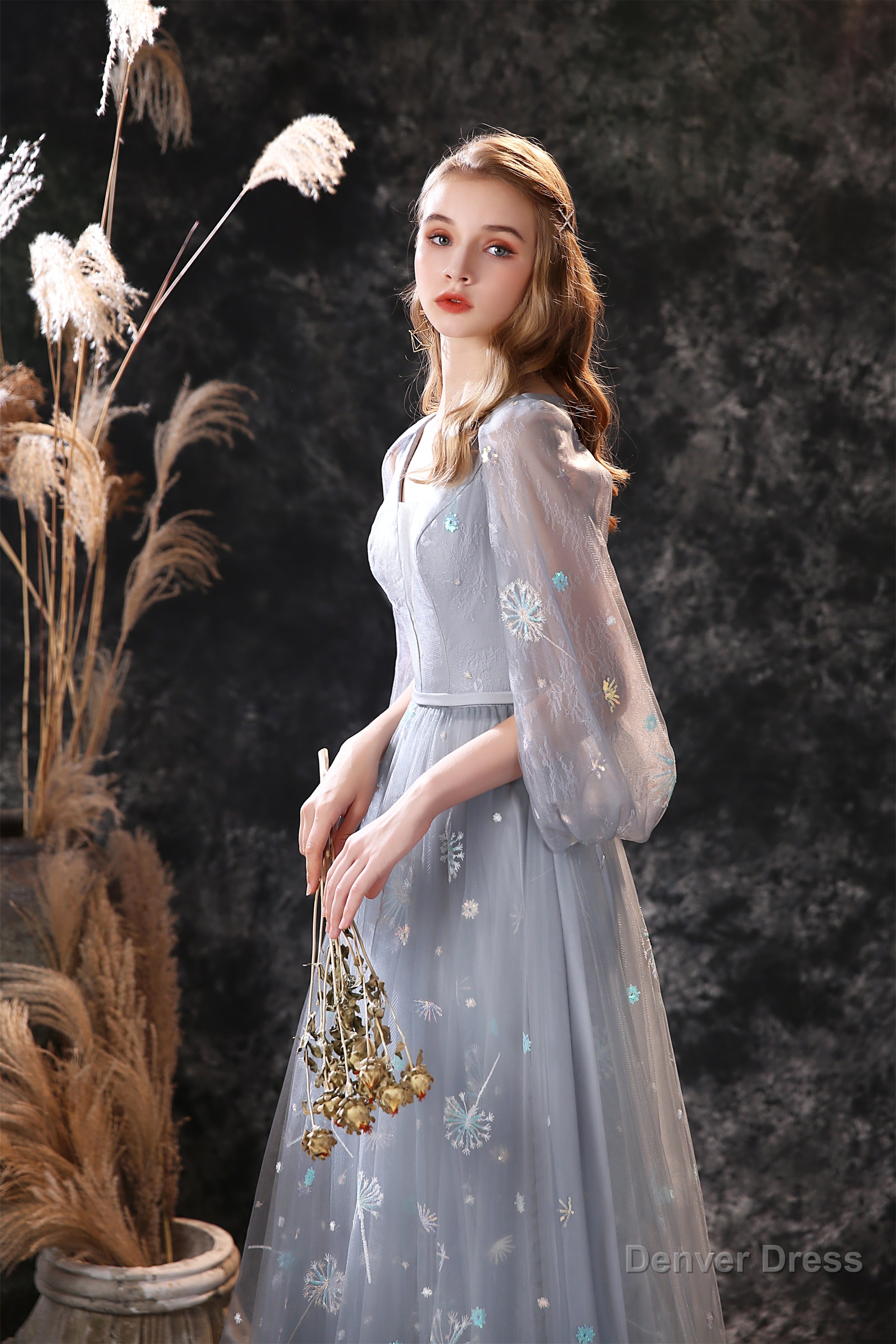 Gray Dandelion Lace V Neck Beading Back Prom Dresses