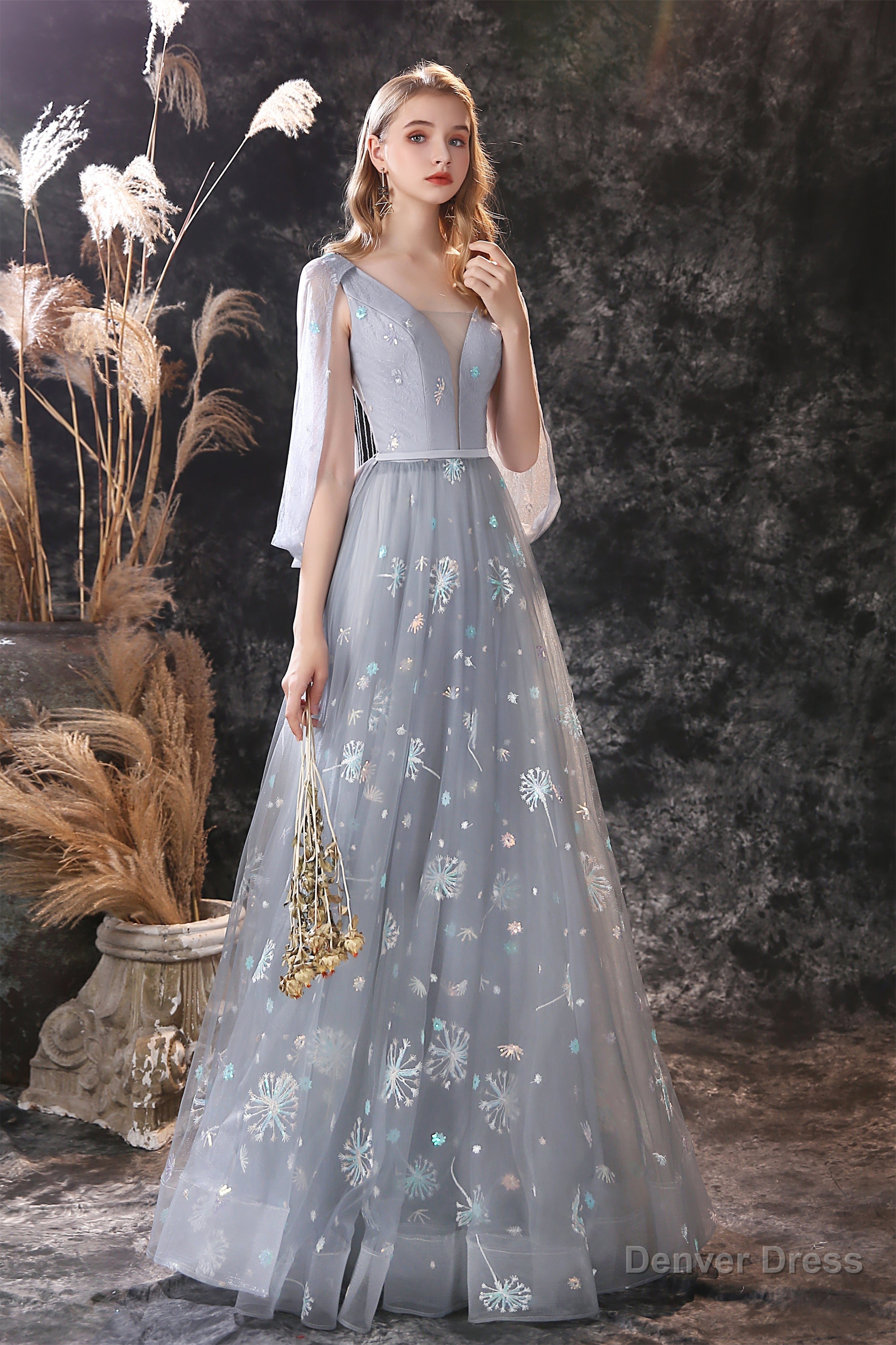 Gray Dandelion Lace V Neck Beading Back Prom Dresses