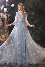 Gray Dandelion Lace V Neck Beading Back Prom Dresses