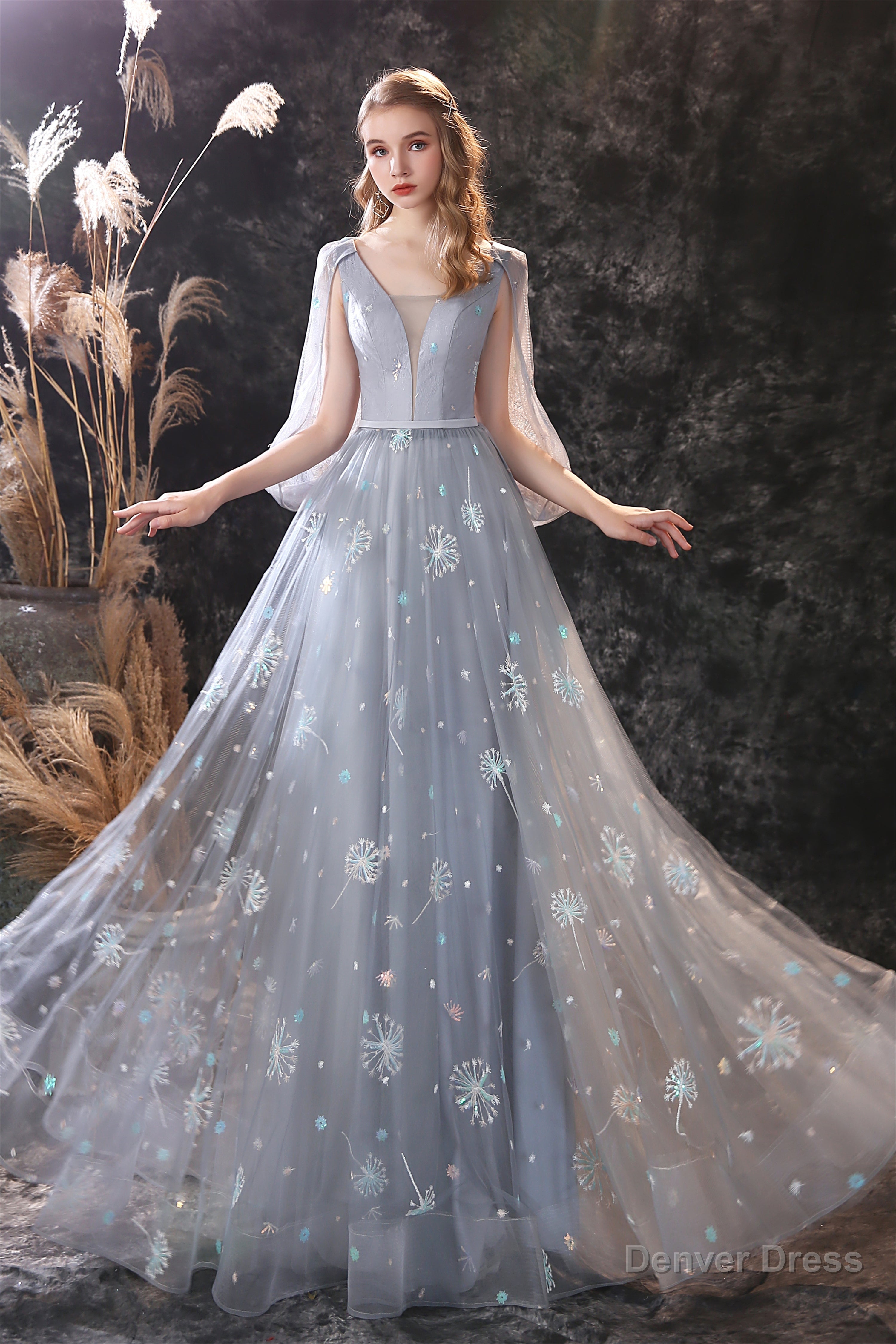 Gray Dandelion Lace V Neck Beading Back Prom Dresses