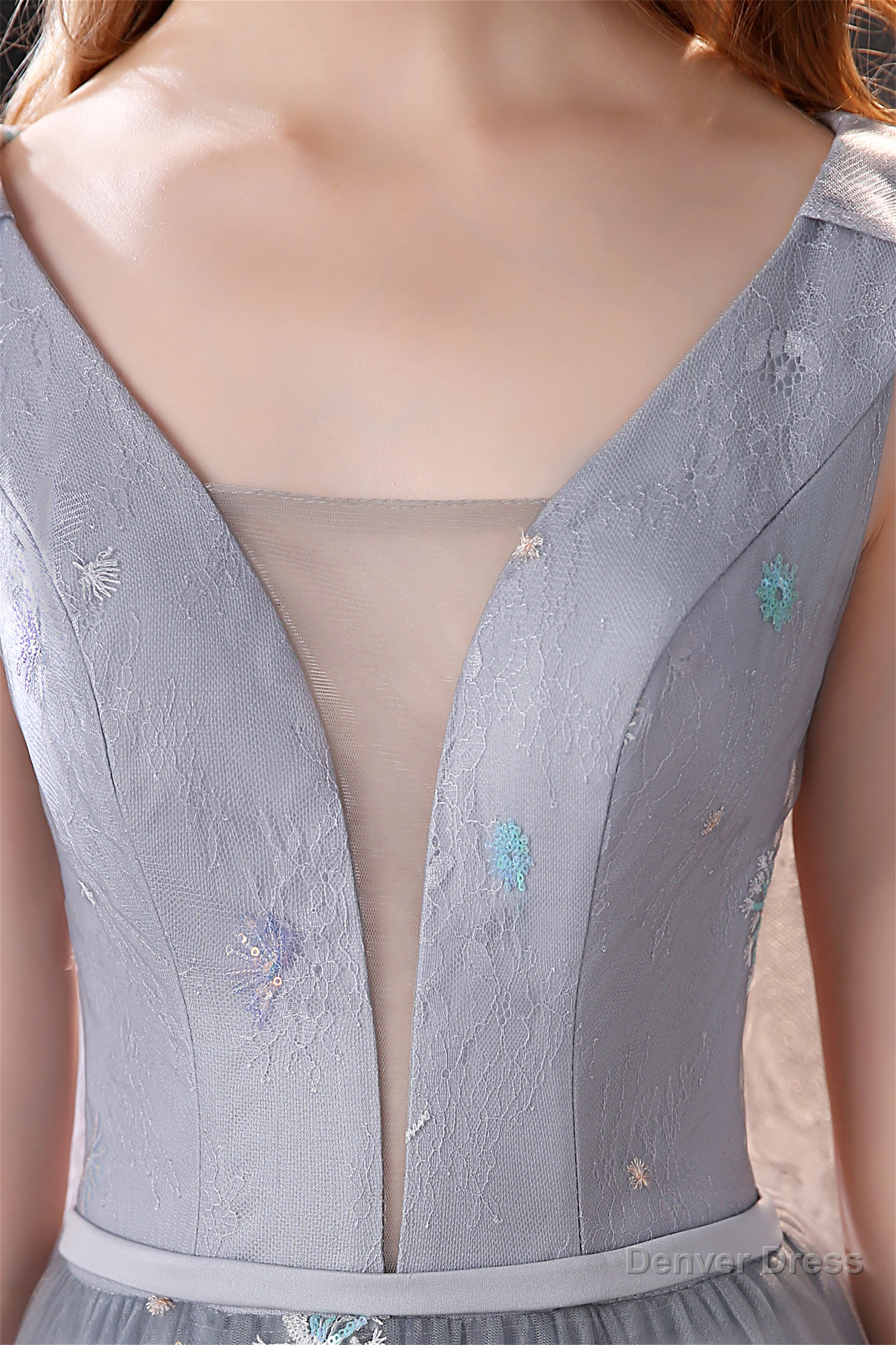 Gray Dandelion Lace V Neck Beading Back Prom Dresses