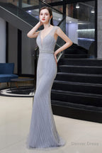 Deep V neck Backless Full of Bead Sequined Mermaid Long Prom Dresses