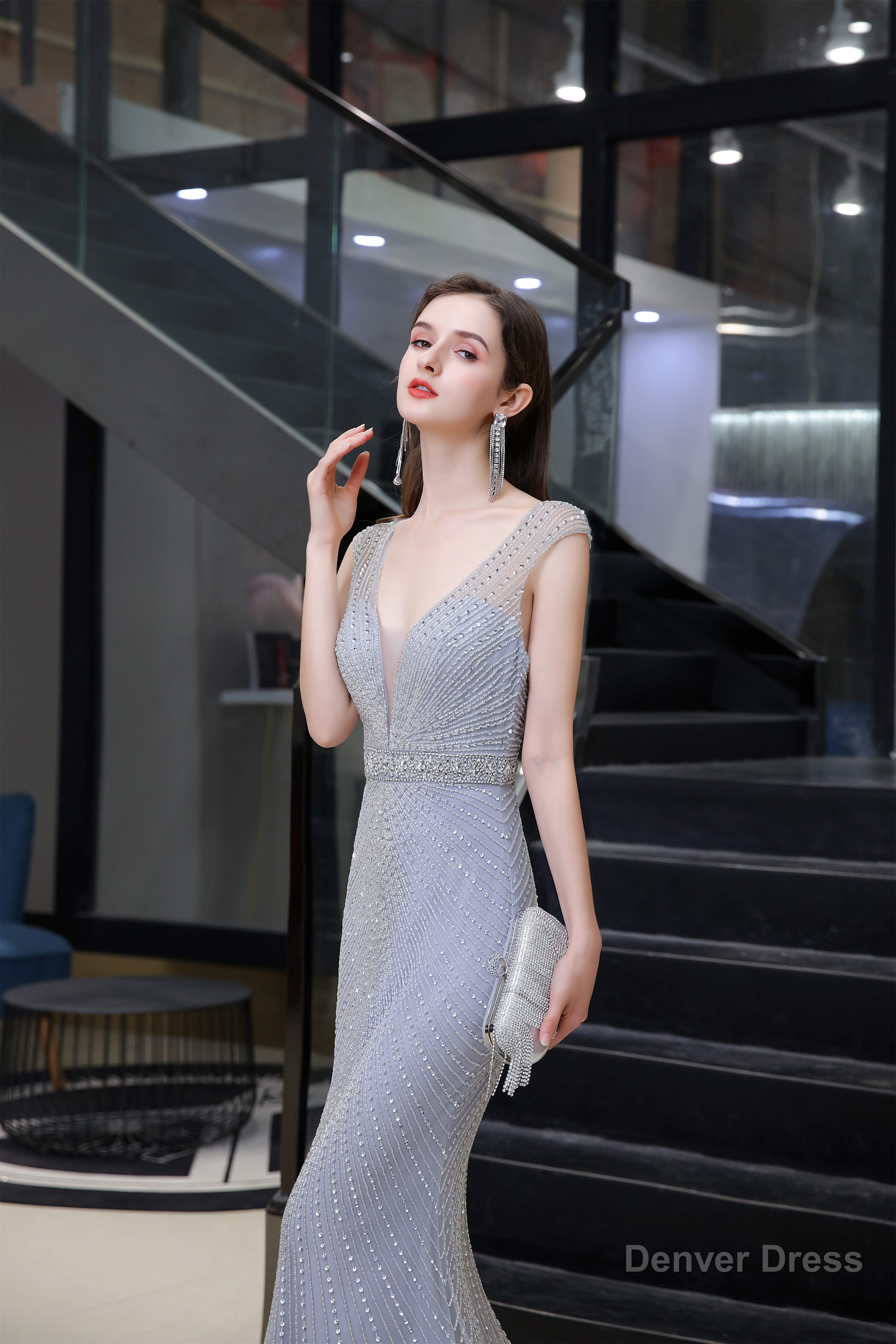 Deep V neck Backless Full of Bead Sequined Mermaid Long Prom Dresses