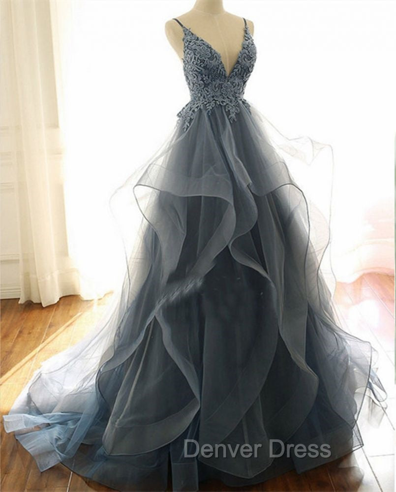 Gray Prom Dresses Tulle V Neck Ruffles Long Spaghetti Lace Beading Prom Gown